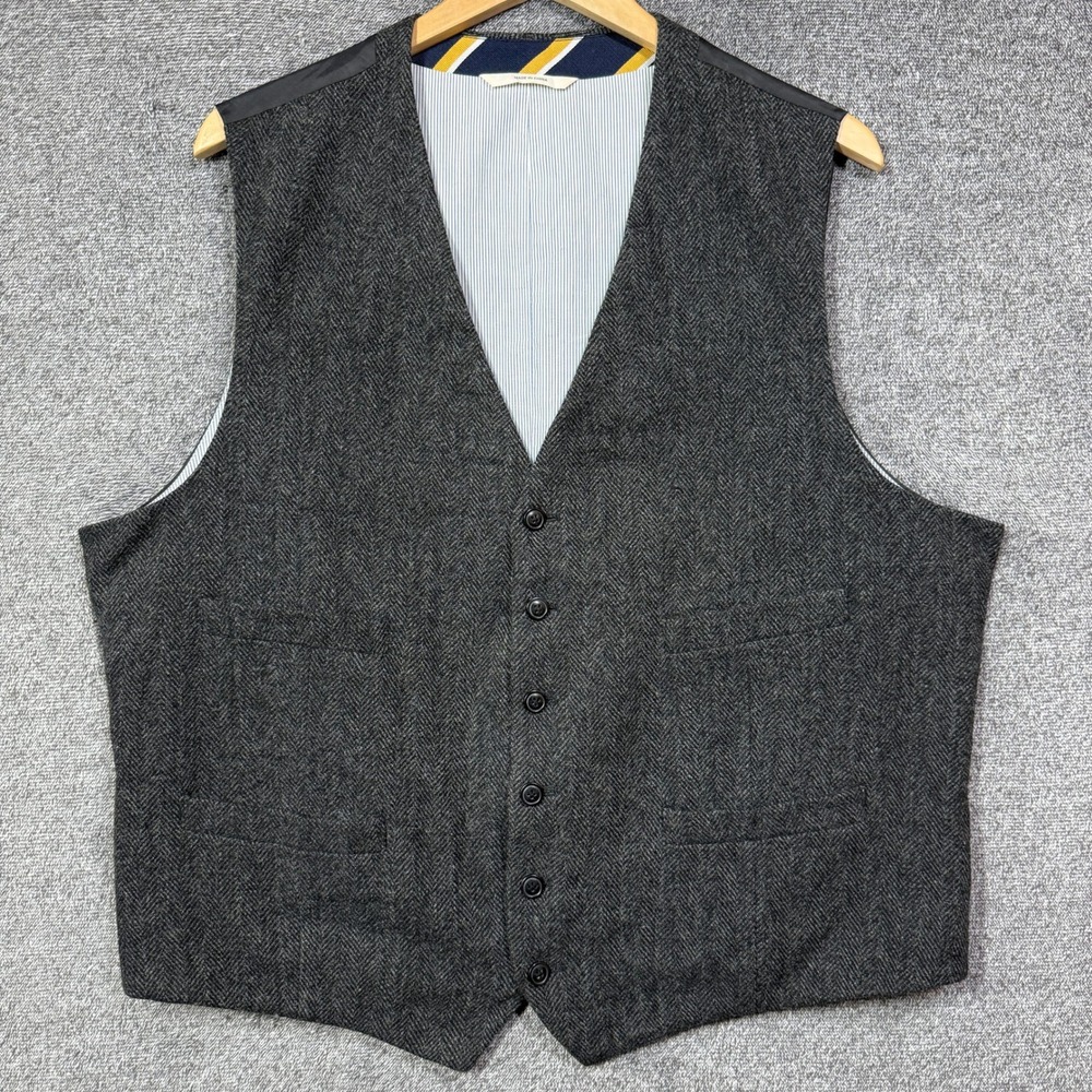 Merona Suit Vest Mens XL Gray Herringbone Wool Blend Adjustable Back Cinch Strap